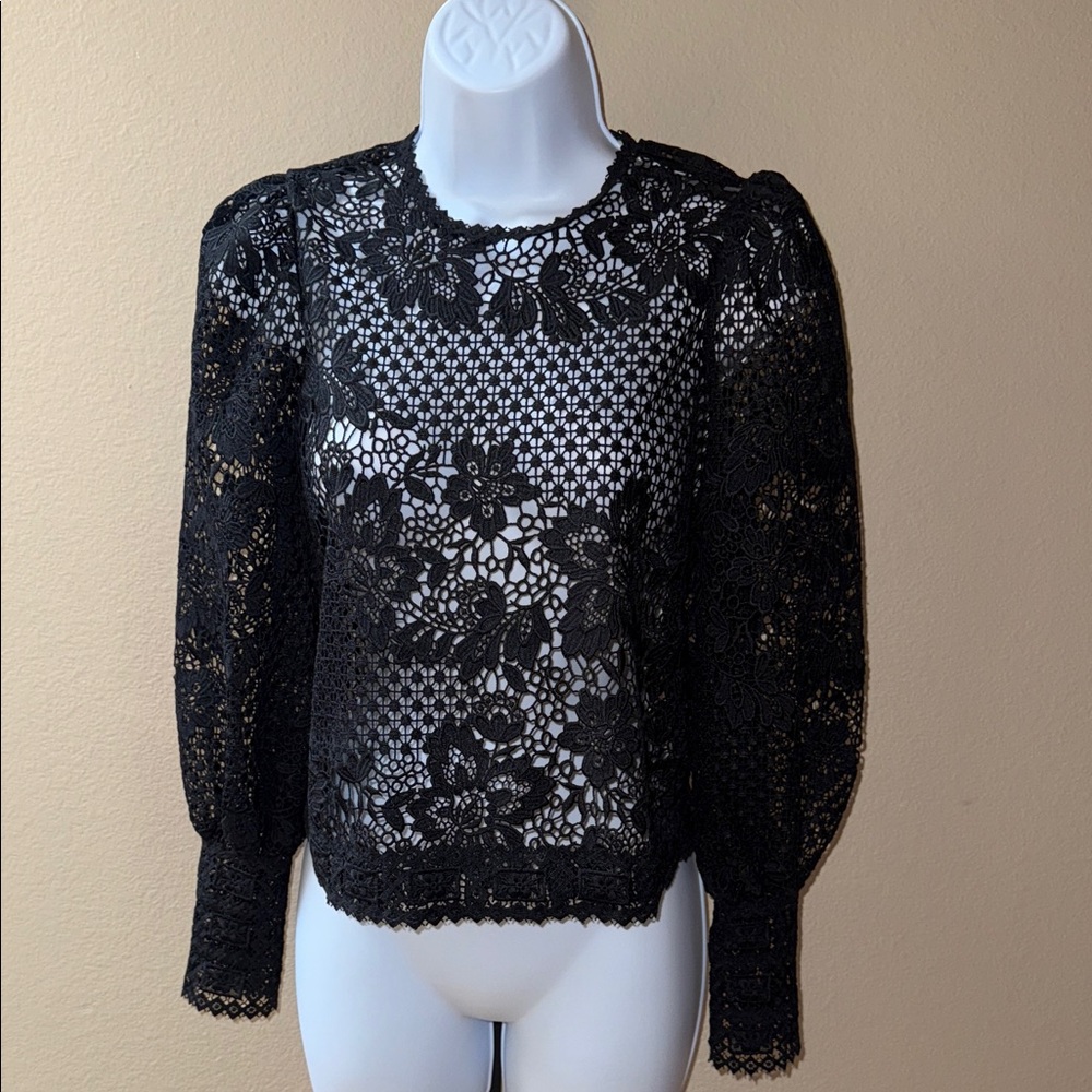 Joie Rodia Black Overlay Guipure Lace Poet Sleeves Blouse Women’s Size XXS